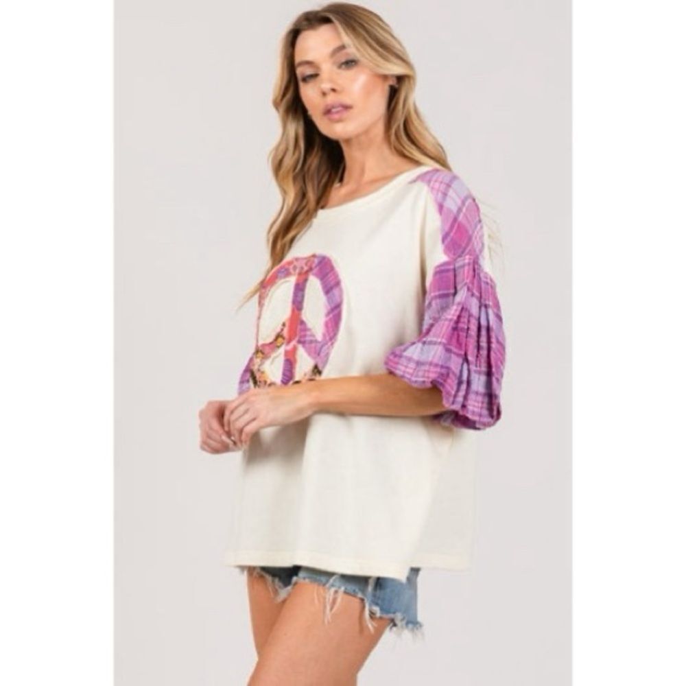 BNWT Sage+Fig Peace Sign Creme Purple Plaid Sleeve Oversized Top 1XL Boho Preppy